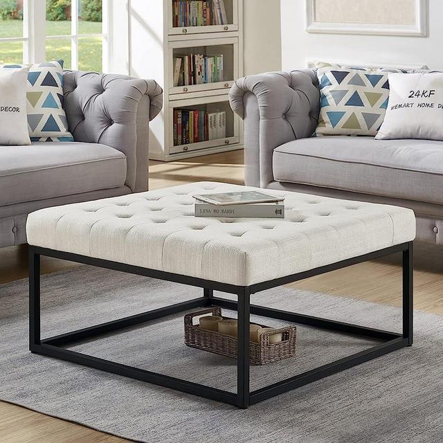 24KF Middle Century Upholstered Tufted Coffee Table with Linen Padded Seat, Large Square Ottoman with Black Metal Frame – Ivory