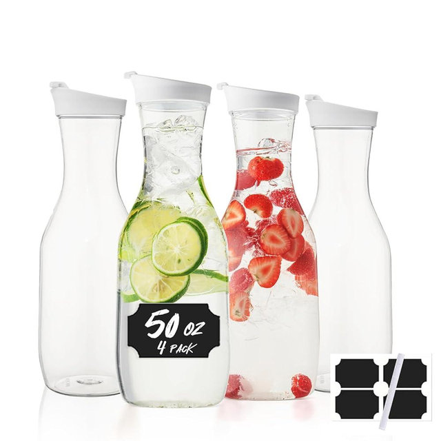 Cuiselect Water Carafe with Lid, 50 Oz Round Plastic Pitcher for Drinks, Milk, Mimosa Bar Supplies, Iced Tea, Juice Containers with Lids for Fridge, BPA-Free, NOT DISHWASHER SAFE, 4 Pack