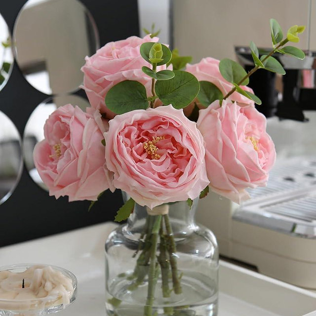 CHASMILE Artificial Flowers with Pink Roses in Vase, Lifelike Fake Flowers in Vase, Faux Flower Arrangements for Dining Table Centerpiece Decor, Table Centerpieces for Dining Room