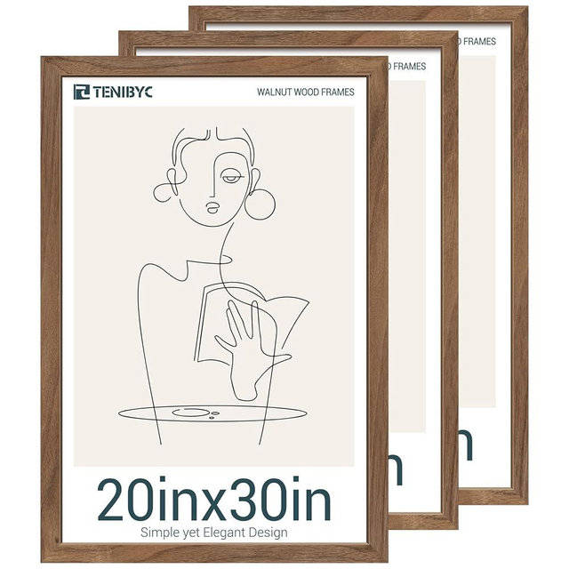 TENIBYC 20x30 Walnut Poster Frame 3 Pack - Natural Brown, Solid Wood Picture Frame, Wall Gallery Frame