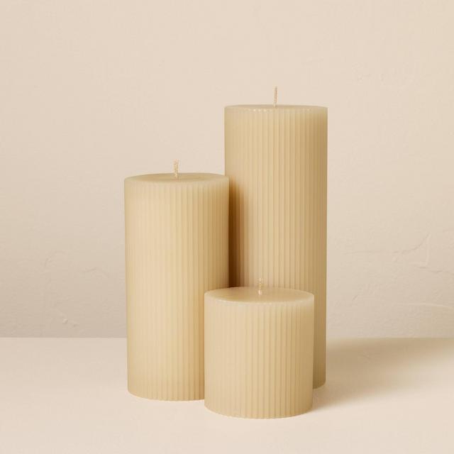 3ct Unscented 3x3/3x6/3x8 Ribbed Pillar Candles Almond - Hearth & Hand™ with Magnolia