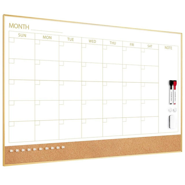ARCOBIS Dry Erase Calendar Whiteboard Cork Board Combo, 36"x24" Magnetic White Board Calendar Dry Erase for Wall, Gold Frame Monthly Combination Board for Office, Home, School
