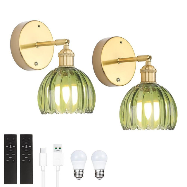 Shenmoyl Battery Operated Vintage Wall Sconces with Green Tulip Glass Lampshade Battery Powered Wall Lighting for Bedside Bedroom Doorway, Set of 2