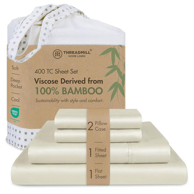 Threadmill Luxury Viscose Made from Bamboo Sheets King Size | Hotel Like Soft with Deep Pockets Breathable and Cooling for Mattress Bedding Ivory