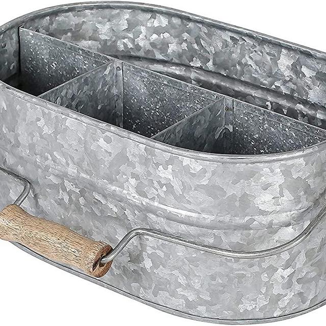 Light & Pro Multipurpose Galvanized Rustic Farmhouse Caddy - Metal 4 Compartment Storage Bin Caddy With Wooden Handle Perfect For Kitchen Utensils, Picnic, Garden Planter - Hammered - Antique Grey