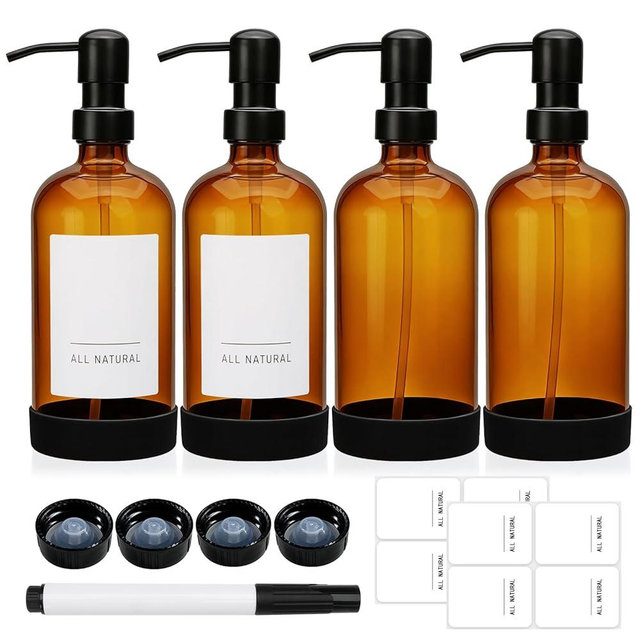 16oz Amber Glass Soap Dispenser Set of 4,Brown Glass Pump Bottles for Bathroom Kitchen,Bathroom Kitchen Hand and Dish Soap Dispenser Set,Modern Brown Soap Dispensers Bottles