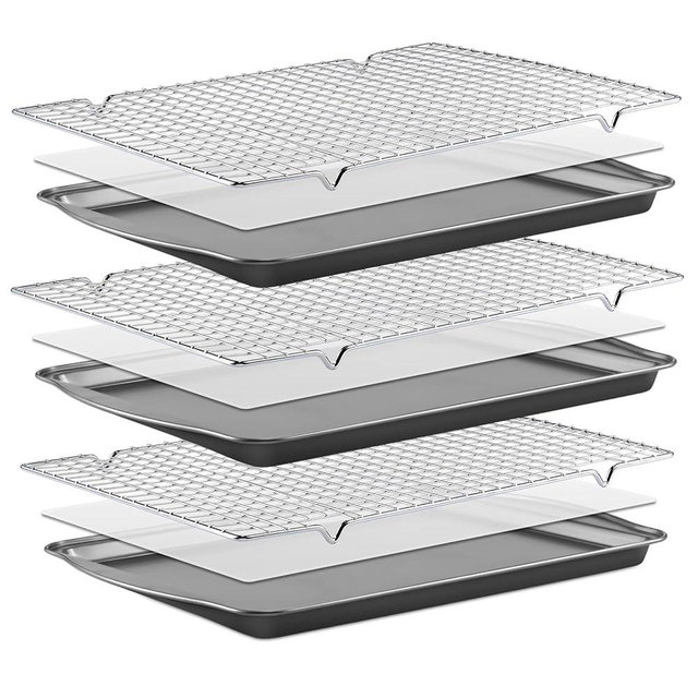 BEWOS Baking Sheet Pans With Racks Set - Including 17.6 × 12 × 1.26 Inch Carbon Steel Baking Sheet, Set of 106 (3 Sheets + 3 Cooling Racks + 100 Parchment Paper), Nonstick Bakeware sets for Baking