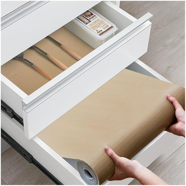 ALIUNI Drawer and Shelf Liner, Non-Slip Kitchen Cabinet Liners Non-Adhesive Thick Strong Grip Waterproof Washable Mats Protect Dresser Shelves Cupboard Bathroom Cabinets, Beige, 12 in X 10 FT