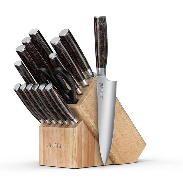 Yatoshi 15 Knife Block Set - Pro Kitchen Knife Set Ultra Sharp High Carbon Stainless Steel with Ergonomic Handle