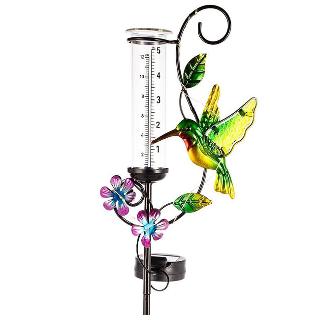 HOBYLUBY Hummingbird Rain Gauge with 5 Inch Glass Tube, Solar Rain Gauge with LED Lights Rain Water Gauge Decor for Patio, Garden Yard, Measuring Precipitation