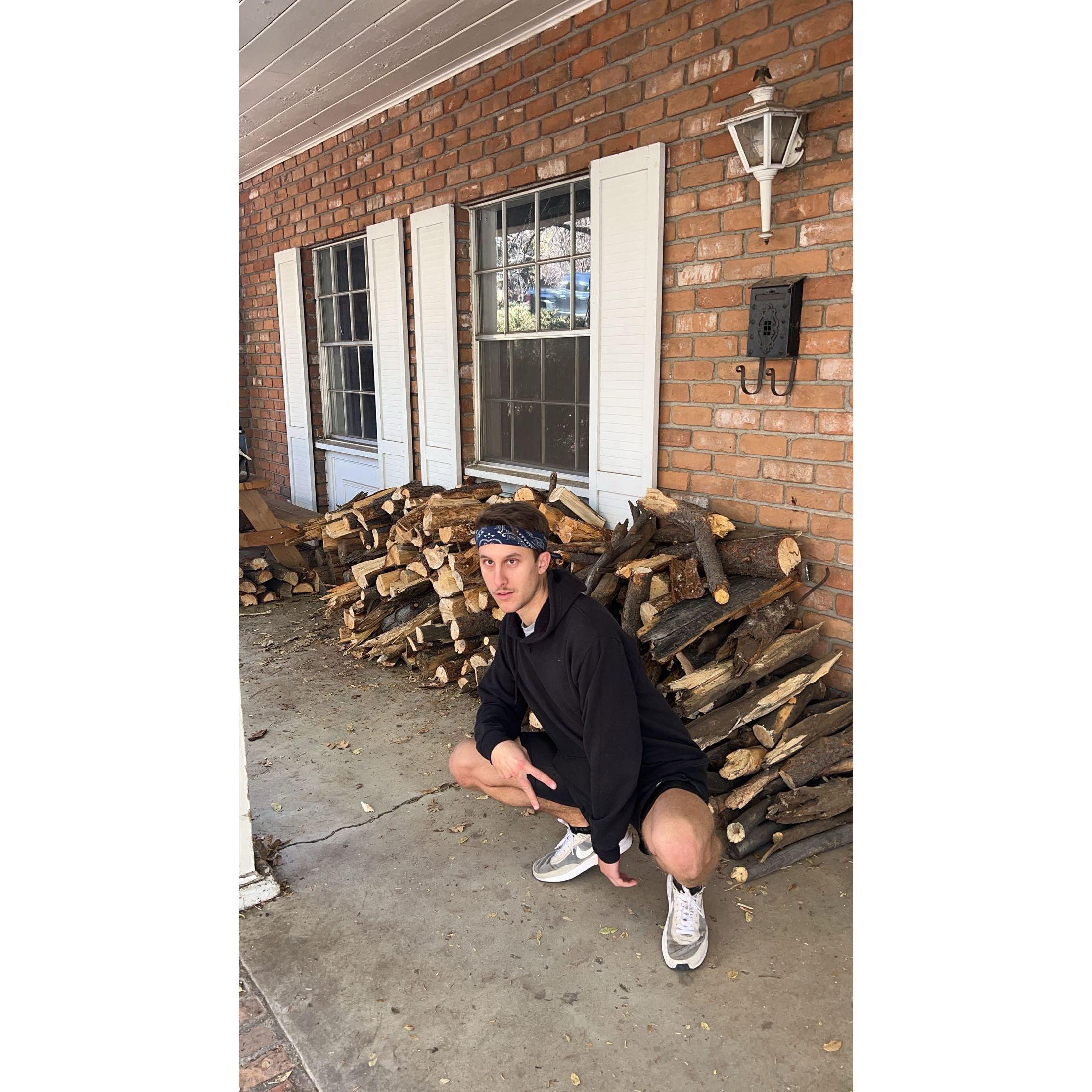 the giant wood pile Casey and Taylor lumberjack for the winter