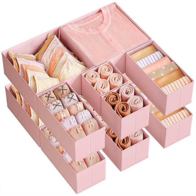 SONGMICS Drawer Organizers, Dresser Divider Organizers, Set of 12, Foldable Fabric Storage Boxes for Socks, Underwear, Bras, Ties, Scarves, Jelly Pink URDZ006R01