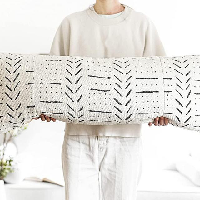 BLISSBLUSH Off White Black Pattern Soft Chenille Lumbar Pillow Cover, Boho Decorative Throw Long Pillow Cover 14X36 INCH, Bohemian Lumbar Pillow Cover