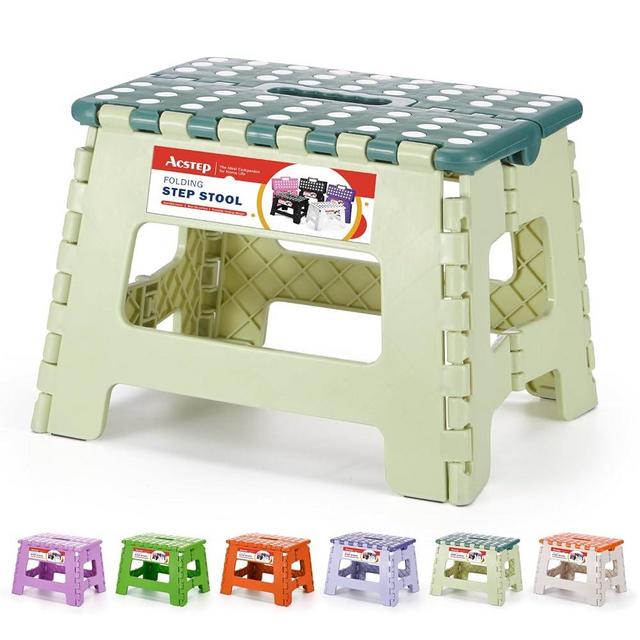 ACSTEP 9 Inch Folding Step Stool 300 LB Capacity Plastic Foldable Step Stools for Kids and Adults, Folding Stool Suitable for Kitchen, Stepping Stool with Handle Bicolor Green Small Step Stool 1PC