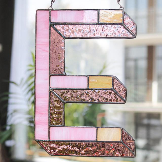 Stained glass letters for home and holiday decor In warm pink purple cream colors Author's design handmade Wall decor Personalize gift