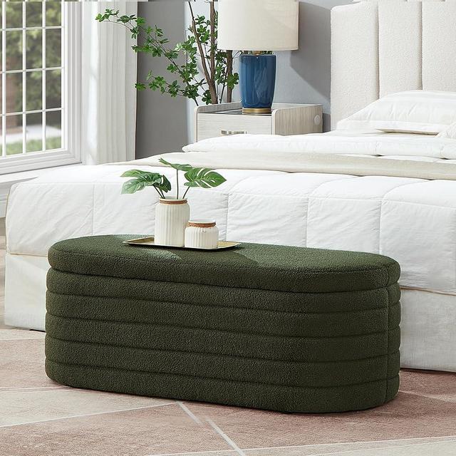 GOAWGO Oval Storage Ottoman Bench, 43" Teddy Fabric Upholstere Ottoman End of Bed Stool Storage Bench with Safety Hinge for Entryway Bedroom Living Room (Dark Green)