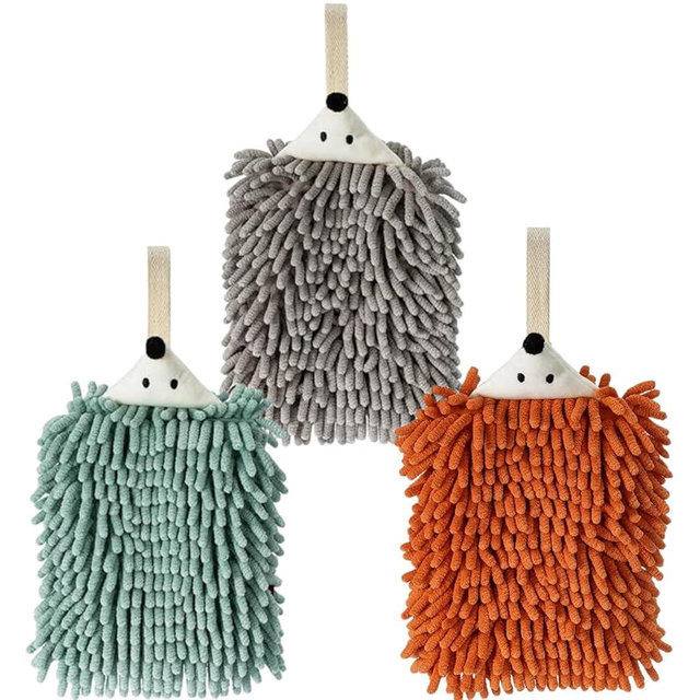 yaocoral 3-Pack Double-Sided Animal Chenille Hand Towels, Kitchen Hand Towels with Loops, Hanging Towels for Bathroom, Quick Dry Cute Fuzzy Towels (Orange Grey Light Green)