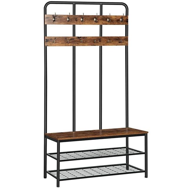HOOBRO Coat Rack Shoe Bench, Pipe Style Hall Tree with 12 Hooks, Multifunctional Entryway Storage Shelf, Large Size, Wood Look Accent Furniture with Metal Frame, Easy Assembly, Rustic Brown BF05MT01