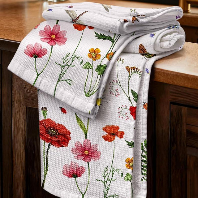 Miss Adola 2pcs Waffle Kitchen Towels - 16x26 Inch Cotton Waffle Weave Dish Cloths Set of 2 with Hanging Loop Absorbent Hand Tea Towels Elegant Design for Housewarming Gift, Wildflower
