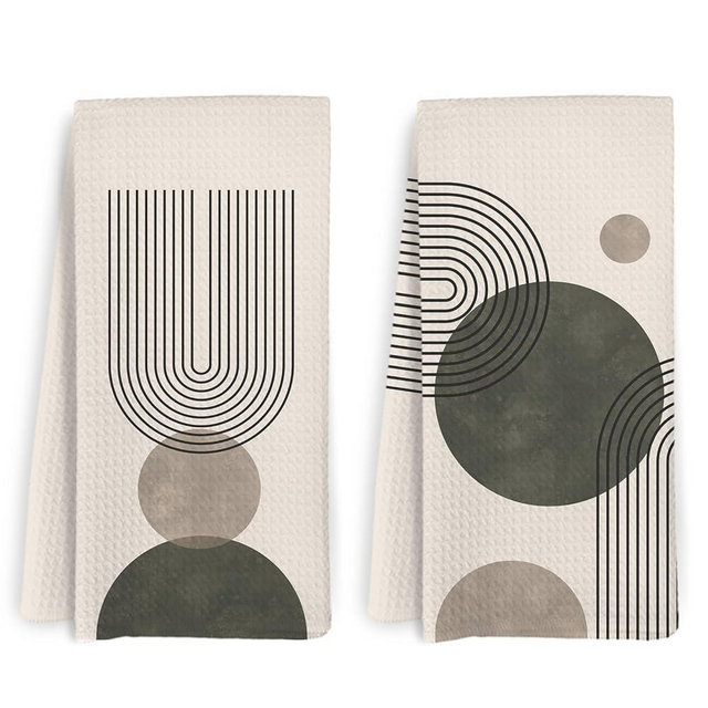 KFXHANGD Beige Boho Sun Abstract Kitchen Towels and Dishcloths Set of 2, Mid Century Modern Dish Towels, Green Bohemian Abstract Decorative Hand Tea Towel for Bathroom Kitchen, 16x24 Inches