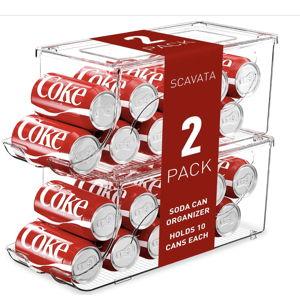 2 Pack Stackable Refrigerator Organizer, Soda Can Dispenser Pop Cans Container Beverage Holder with Lid for Fridge, Freezer, Kitchen, Clear Plastic Storage Bins-Holds 10 Cans Each