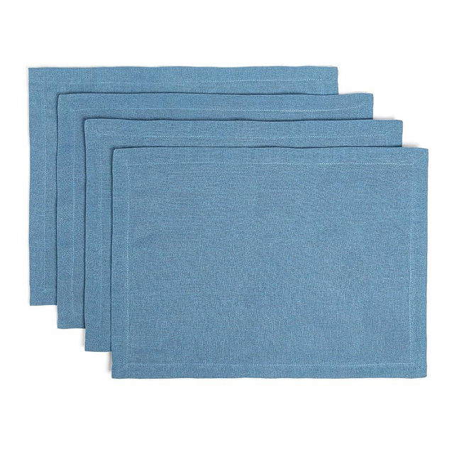 over&back Set of 4 Washed 100%-Linen Woven Placemats - Colorful Dining Table Mat - Machine Washable - Kitchen and Home Decor - Blue