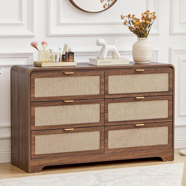 RUSTYER 6 Drawer Dresser for Bedroom, 48" Wide Curved Wooden Dresser with Natural Linen & Metal Handle, Mid Century Modern Chest of Drawers Closet Clothes Storage Organizer for Living Room, Walnut