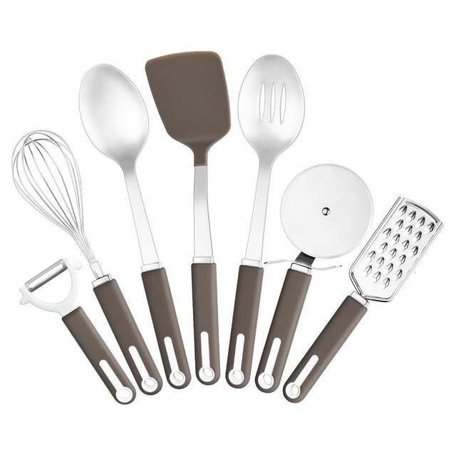 CuCut 7 Pcs Kitchen Utensils Set, Stainless Steel & Nylon Cooking Utensils Set, Dishwasher Safe, Non-Stick and Heat Resistant, Pizza Cutter, Peeler, Whisk, Spoons, Spatula for Cooking