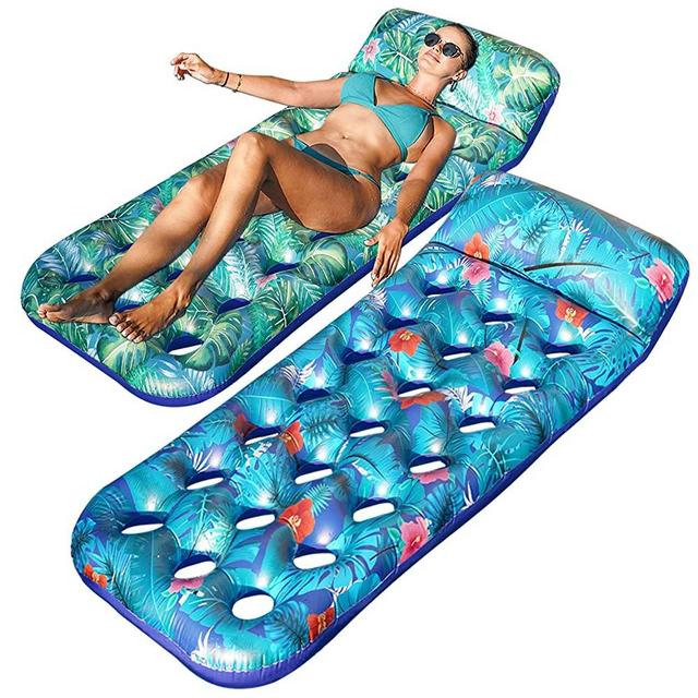 FindUWill Inflatable Pool Lounge, 2 Pack Inflatable Pool Floats with Headrest, X-Large, Cooling Pool Floaties Contour Lounger (Monstera Green & Monstera Blue)