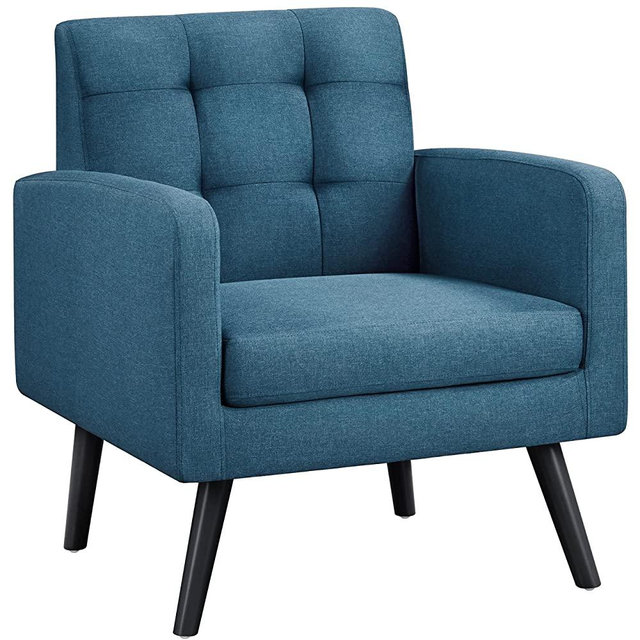 Yaheetech Mid-Century Accent Chairs, Modern Upholstered Living Room Chair, Cozy Armchair Button Tufted Back and Wood Legs for Bedroom/Office/Cafe, Navy Blue