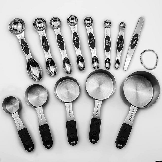 WARMHEART Magnetic measuring cups and magnetic measuring spoons set, stainless steel 5 cup and 7 spoon with 1 leveler (Black, 13 set)