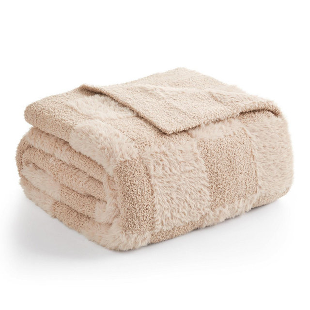 Snuggle Sac Faux Fur Checkered Throw Blanket, Fluffy Feather Yarn Blend Bedding Blankets for Couch or Bed, 50*60", Beige