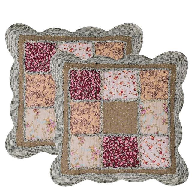 vctops Set of 2 Quilted 100% Cotton Boho Throw Pillow Covers 18" x 18" Farmhouse Country Floral Patchwork Decorative Cushion Cover, Patchwork Flower D