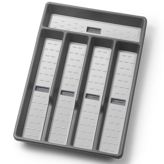 CherHome Silverware Organizer with Cutlery Icons，Silverware Tray for Kitchen Drawer，Plastic Flatware Tableware Silverware Drawer Organizer Utensil Organizer with Non-slip TPR Linings，5-Compartment