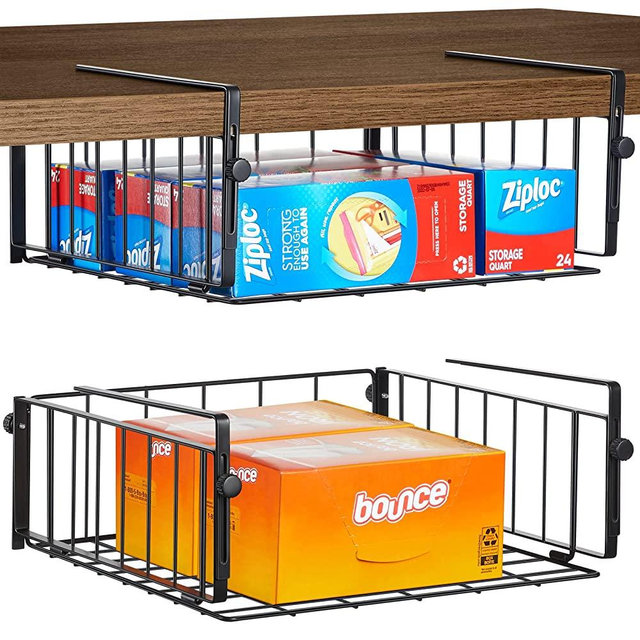 AmonHouseware 2 Pack Hanging Under Shelf Storage Basket,Adjustable Under Cabinet Add-on Storage Racks Slide-in Baskets Organizer for Laundry Room Kitchen Pantry Desk Bookshelf, Black