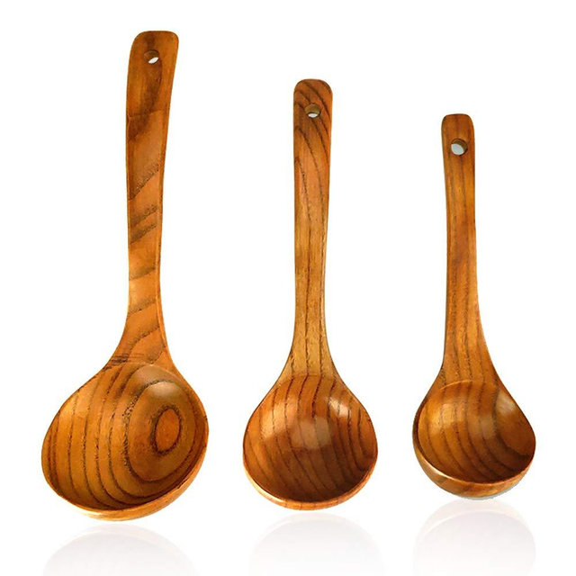 Set of 3 Wooden Spoons Kitchen Ladles Utensils- 12 inch Serving Ladle, 10 inch Cooking Mixing Spoon & 8 inch Soup Ladle