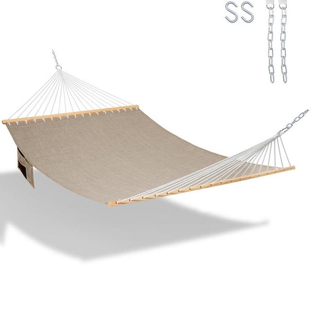 Lazy Daze Hammocks 12 FT Quick Dry Hammock Olefin Blend Textliene Hammock with Spreader Bar 2 Person Hammock with Chains Outdoor Outside Poolside Backyard Beach 450 lbs Capacity, Khaki