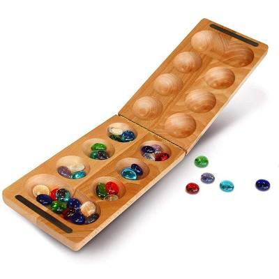 WE Games Folding Mancala - Solid Wood Board & Glass Stones