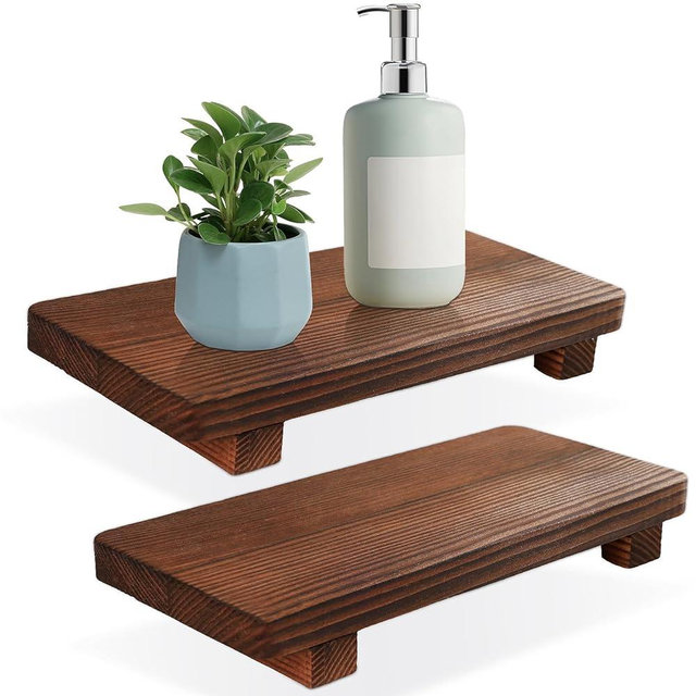 DEBETOOL Wood Riser for Decor Display - 2pcs Wooden Soap Trays for Kitchen Counter and Bathroom Sink Decor, Natural Wooden Pedestal Stand, Soap Stand (Rustic Style)