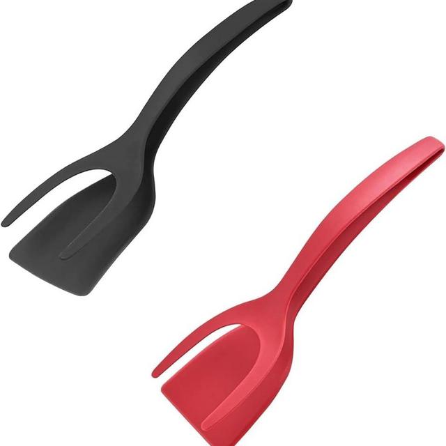 2 in 1 Grip and Flip Spatula Tongs Egg Flipper Tong, Egg Flipper Spatula, 2 in 1 Grip and Flip Spatula Clamp Egg Pancake Fish, For Kitchen Cooking Baking （1 Black + 1 Red）