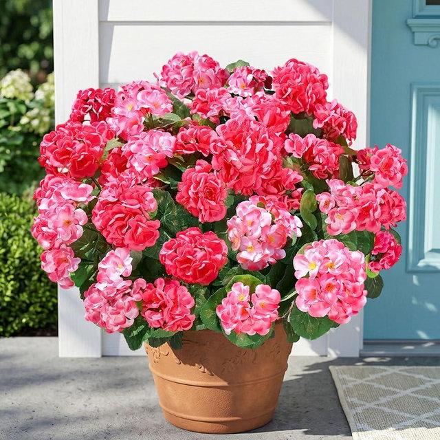 Fake Geraniums Artificial Flowers for Outdoors, 6 Bundles Silk Geraniums Flowers Realistic UV Resistant Fake Plants Faux Flowers for Outside Planters Front Door Garden Balcony Yard Porch Indoor, Mix