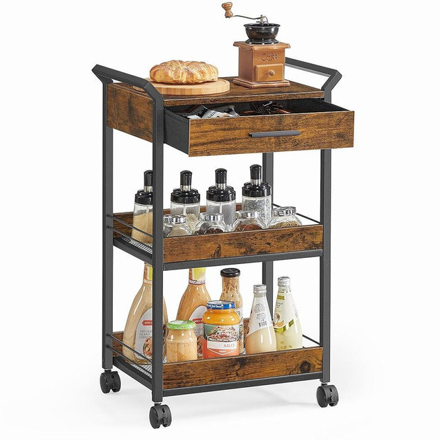 VASAGLE Storage Cart, 3-Tier Rolling Utility Cart with Table Top, Handles, 4 Lockable Casters, Top Drawer, Mesh Shelves, for Kitchen, Bathroom, Bedroom, Rustic Brown and Ink Black ULRC048K01