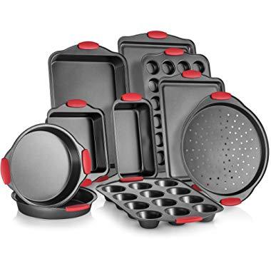 Perlli 10-Piece Nonstick Carbon Steel Bakeware Set With Red Silicone Handles | |Metal, Reusable, Quality Kitchenware For Cooking & Baking Cake Loaf, Muffins &More | Non Stick Kitchen Supplies