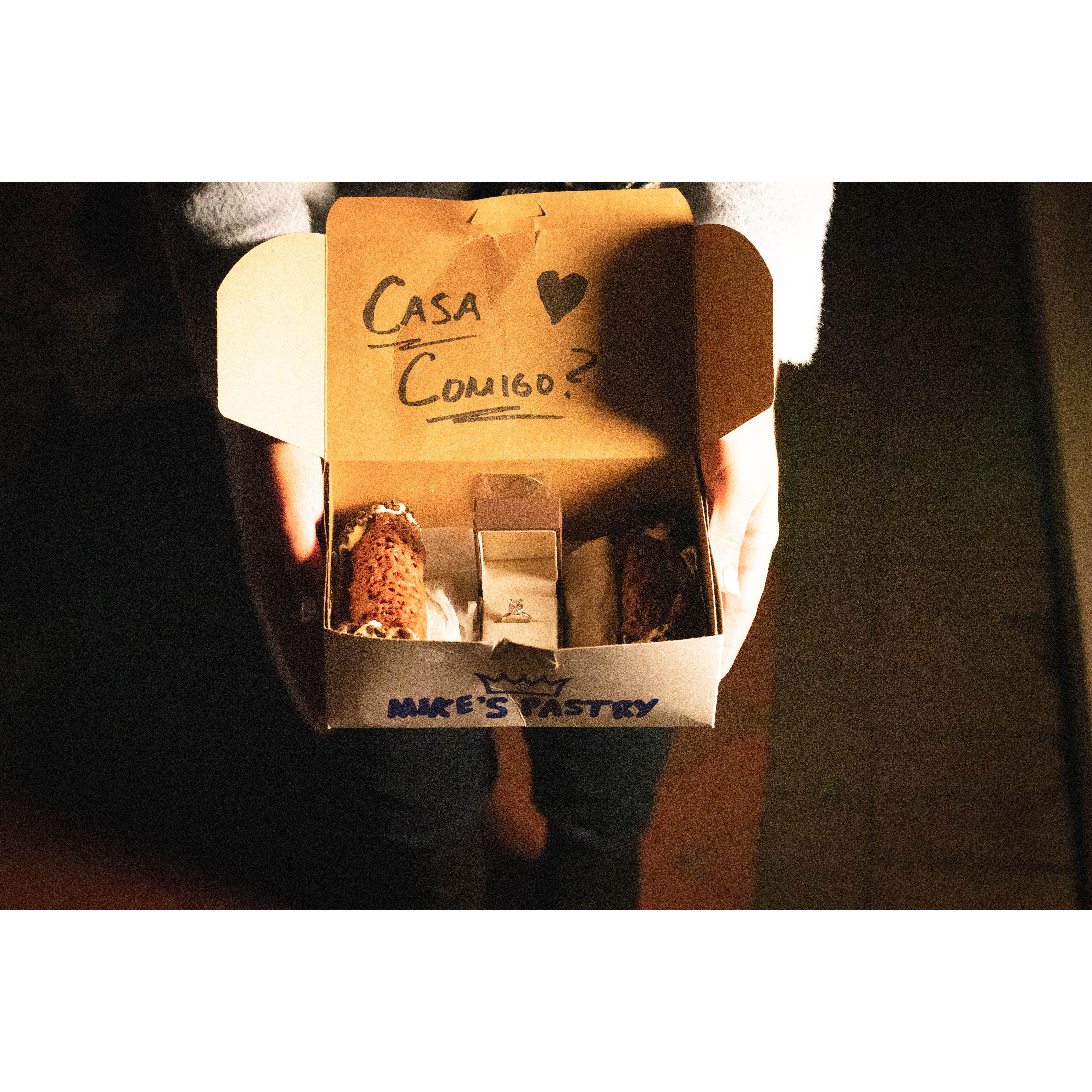 December 2023 — Proposal night with Tati's favorite cannolis  💍✨