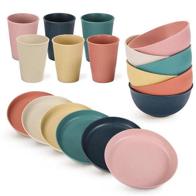 18PCS Wheat Straw Dinnerware Sets Ratulie Unbreakable Dinnerware Sets Reusable Cups Plates and Bowls Sets Microwave Dinnerware Sets for Kitchen Travel Camping
