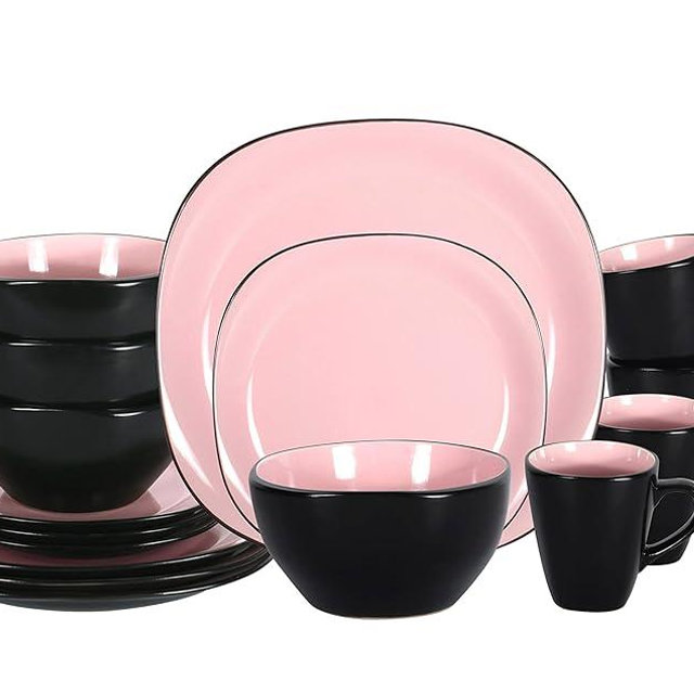 HomeVss, Stoneware Square 16pc Dinnerware Set, Inside Shiny Rose + Outside Matte Black