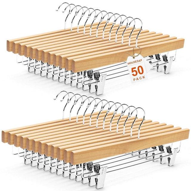 HOUSE DAY Premium Wooden Pants Hangers 50 Pack, Solid Lotus Wood Skirt Hangers with 2-Adjustable Clips, Heavy Duty & Anti Slip Wood Bottom Hanger for Slacks, Jeans, Trousers, Shorts (Natural)