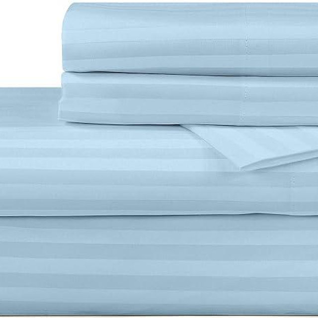 ROYALE LINENS 300 Thread Count 100% Long Staple Combed Cotton Striped Sheet Set - 4 Piece Full Bed Sheets - 1 Fitted, 1 Flat, 2 Pillow Cases -Soft Cool & Crisp Sheet Set (Full, Stripe Lake Blue)