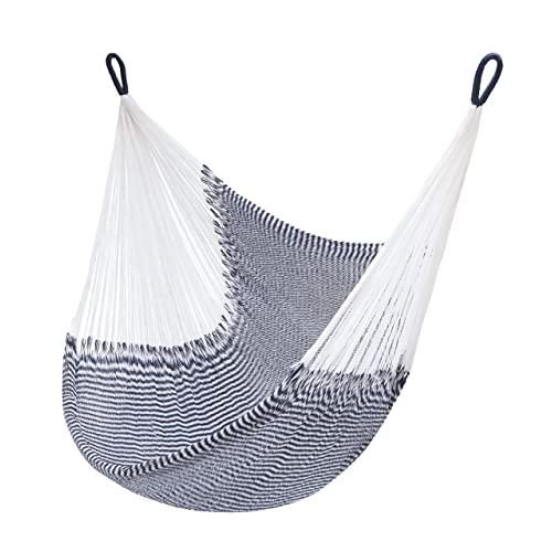 Yellow Leaf Hammocks SHA-Vineyard-Haven Eco-Luxe 100% Handwoven + Portable Solo Recliner 1 Person Outdoor Camping, Backyard, Deck/Patio, or Indoor Hanging Chair Hammock, Single, Navy Blue & White