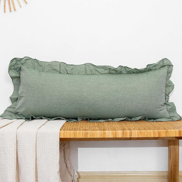JoraLion 14x36 inch Scalloped Lumbar Pillow Cover, Green Ruffle Throw Pillow Cover Solid Pure Cotton Decor Couch Farmhouse Soft Cushion Case for Couch Sofa Bed Living Room, ONLY 1 Cover